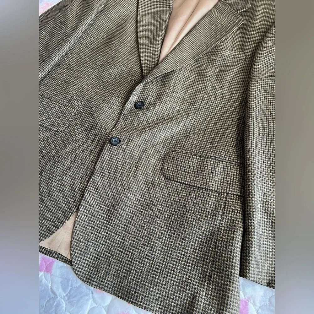Oscar de la Renta Menswear Black Brown Houndstooth Wool Blazer Sport Coat 42R